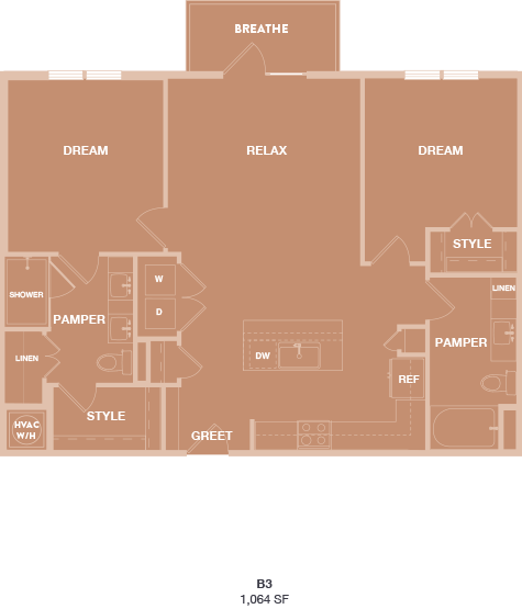 A floor plan of a house with rooms labeled as Breathe, Dream, Relax, Style, Greet, and Hyacinth.